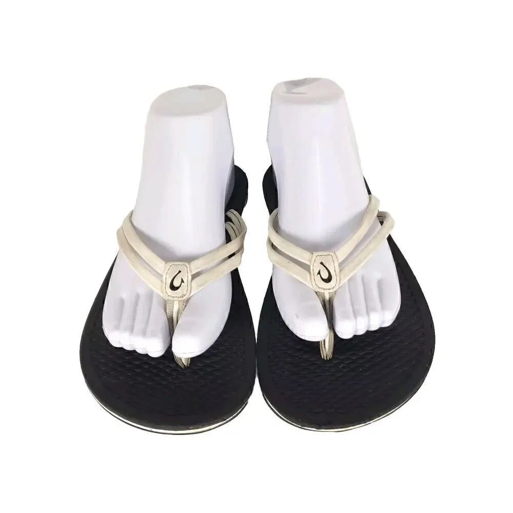 Olukai Women's Unahi US 9? Beige Black Vegan Thong Flip Flop Flat Sandals Shoes